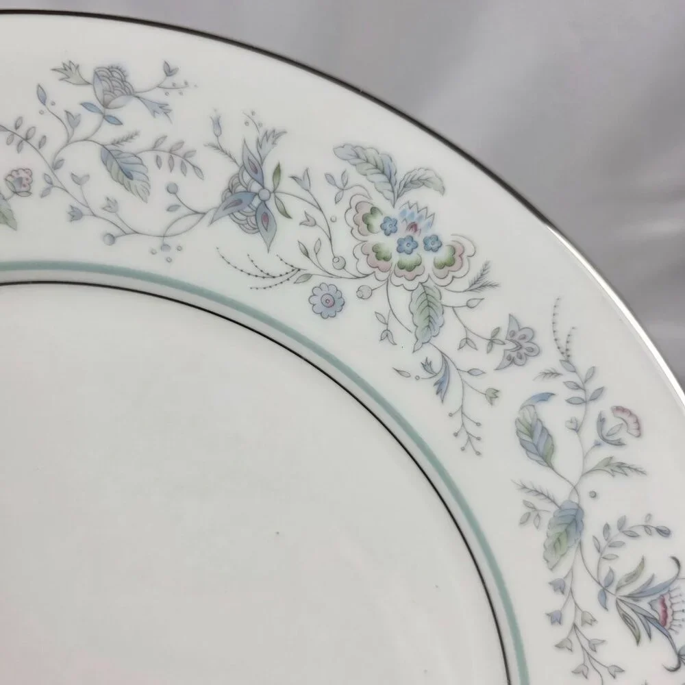 TWO Oxford China Spring Bone China Dinner Plate Multicolor Floral Rim Aqua Band